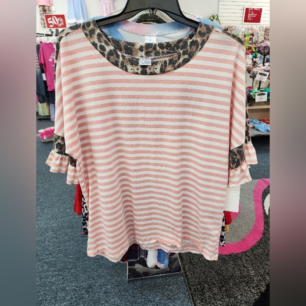 Striped Pink and Leopard Print Women's Top